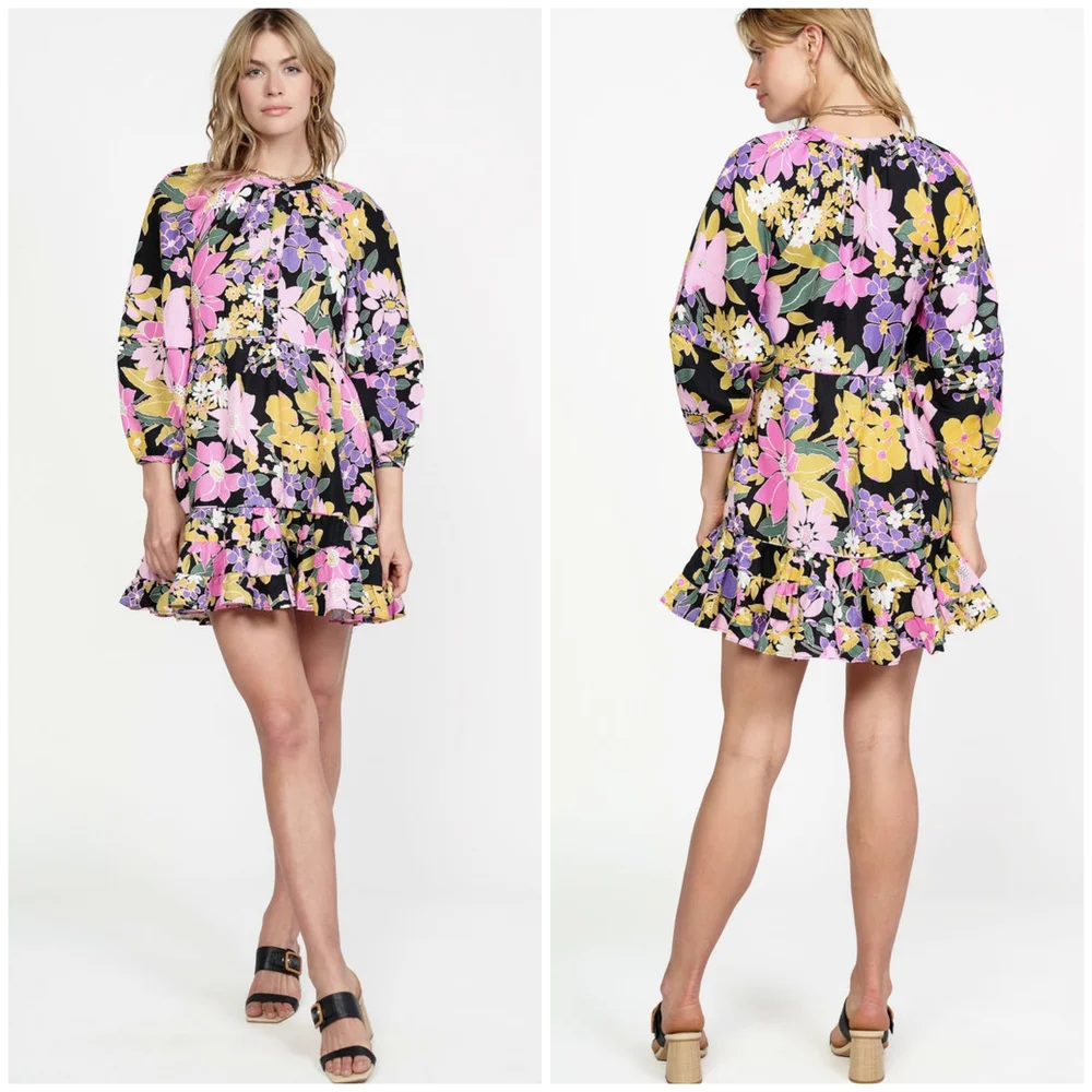 CURRENT AIR Pink and Purple Mini Dress with Bishop Sleeves - Picture 3 of 4